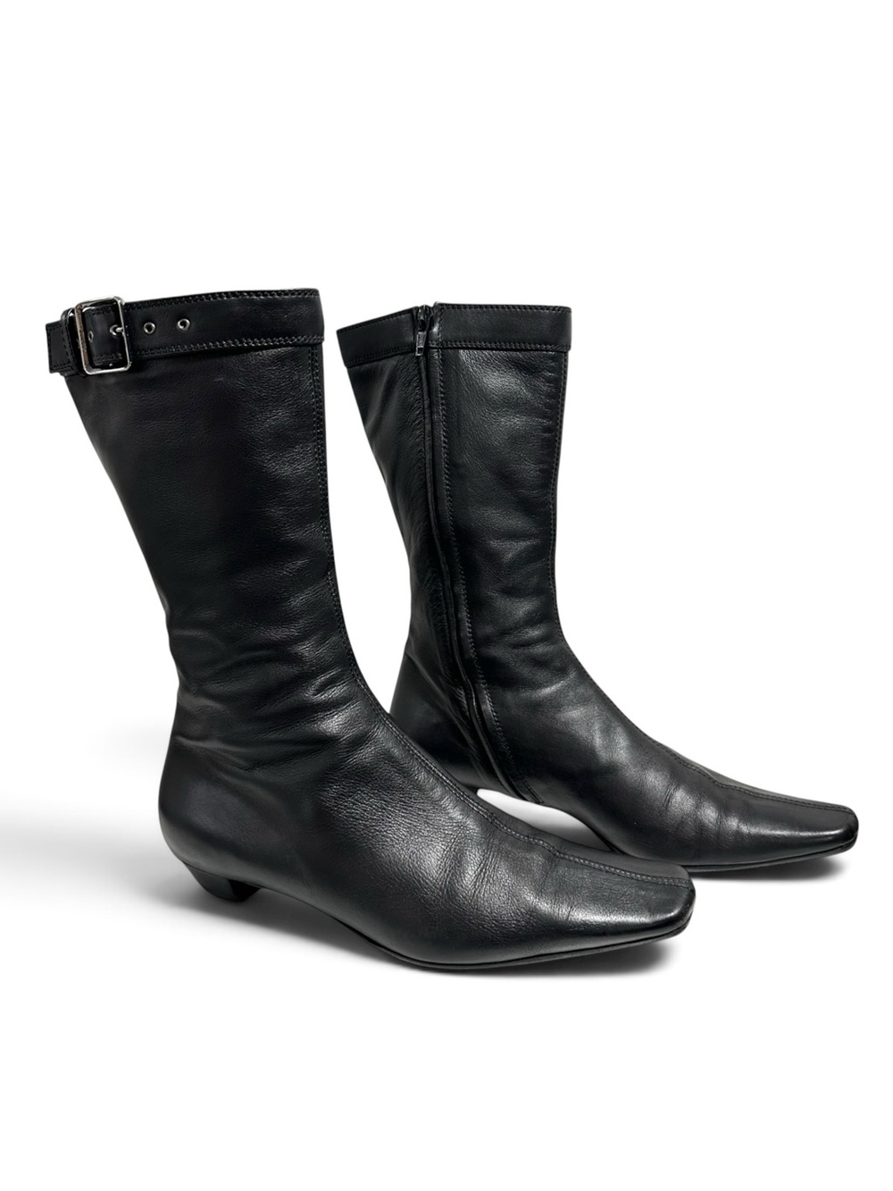 Gucci Black Leather Silver Buckle Calf Boot Women Size 37.5C / 7.5 US Wide